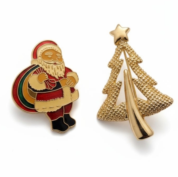 2XHP! Vintage Bundle of 2 Christmas Tree & Hallmark Santa Holiday Pins! - Picture 1 of 8